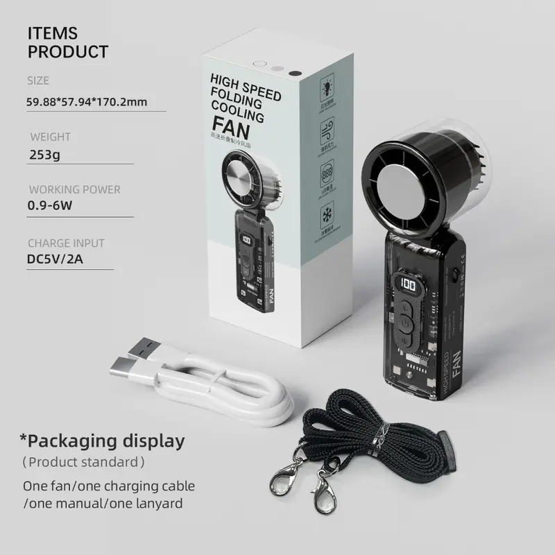 FC8 High-Speed Folding Handheld Fan with LED Light & Digital Display